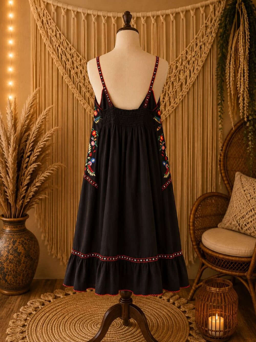 Black Boho Embroidered Sundress • Colorful Floral Embroidery • Spaghetti Strap - Picture 2 of 7